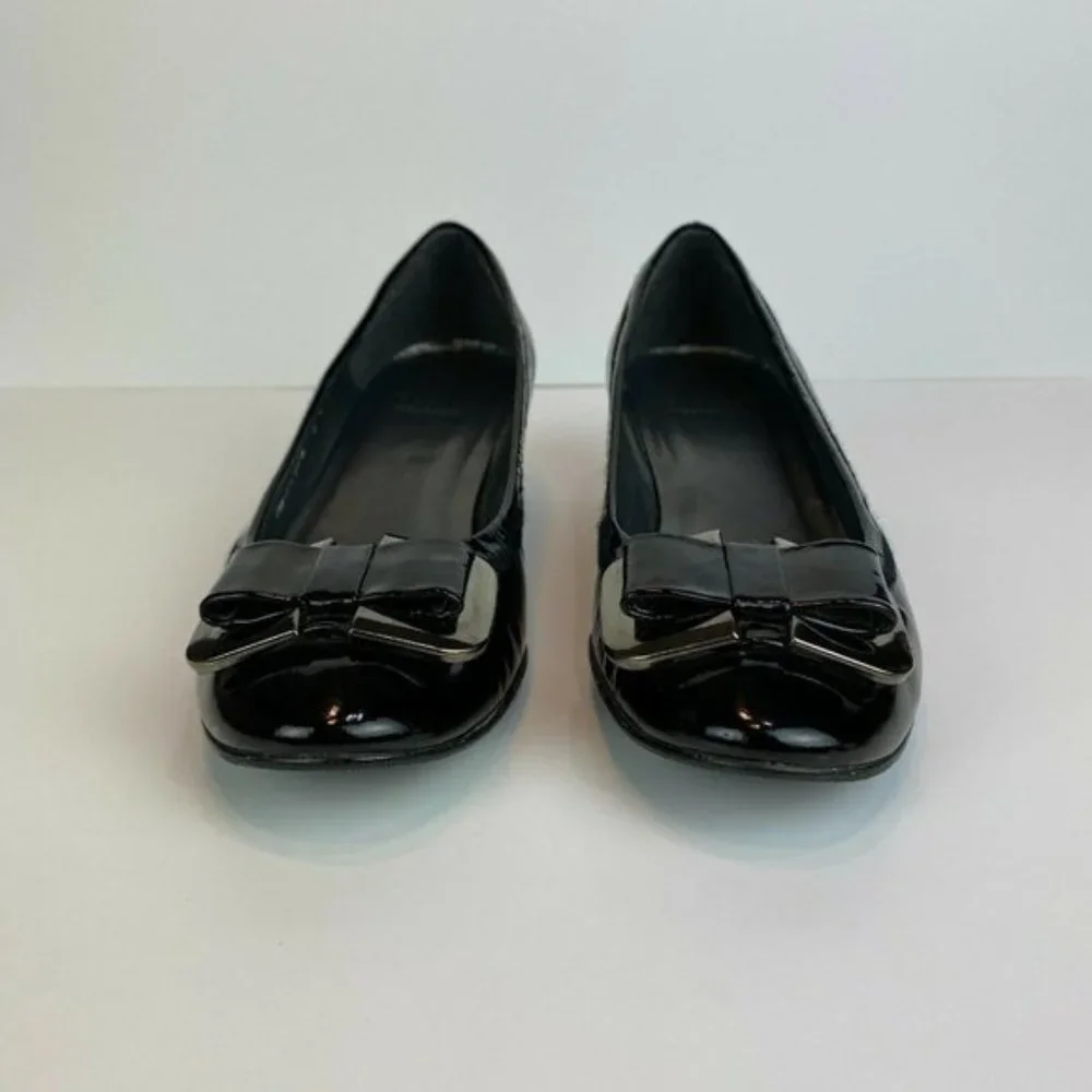 Stuart‎ Weitzman Wedge Heels 5.5 Black Patent Leather Silver Bow Office Career - Picture 5 of 11